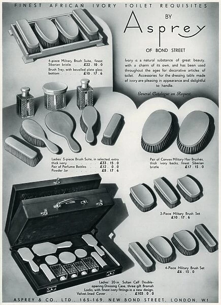 Advert for Asprey ivory toilet requisites 1938