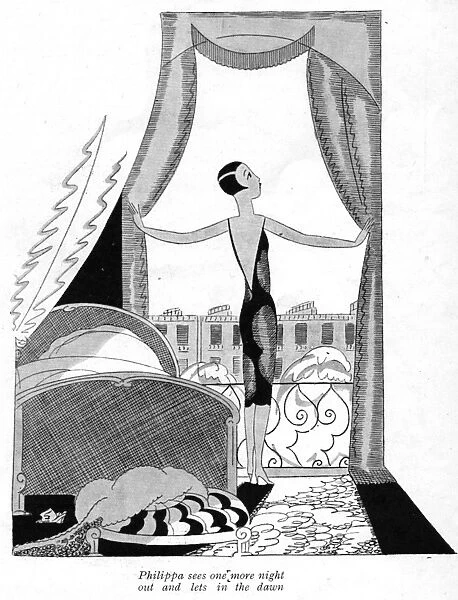 Art deco sketch by Fish of a woman opening the curtains