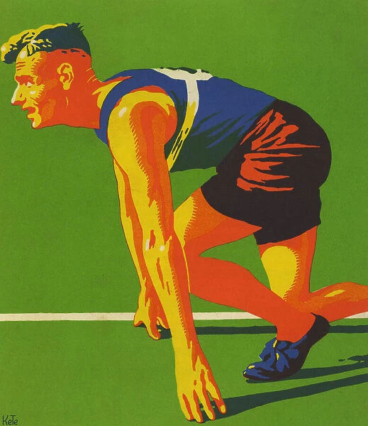 Athlete. Male athlete preparing for start of running race. Date: 1936
