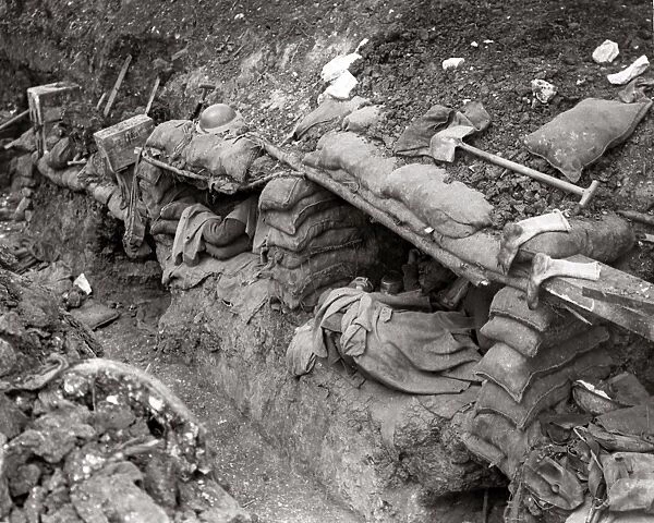 British soldiers asleep in dugout bunks, WW1