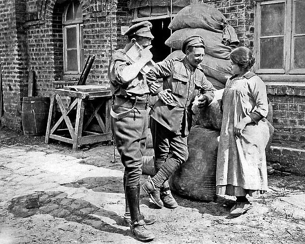 Two British soldiers chat with millers daughter, WW1