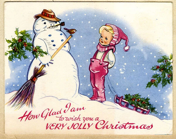 Christmas card, Girl talking to snowman