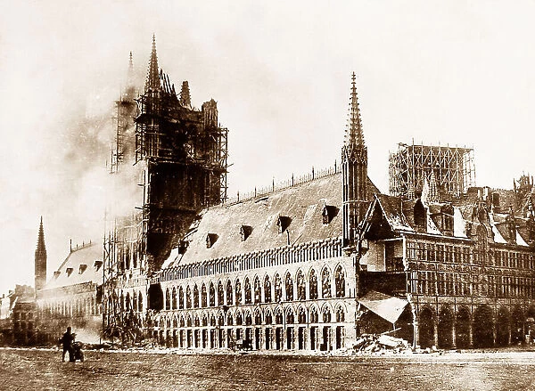 Cloth Hall on fire, Ypres, Belgium during WW1