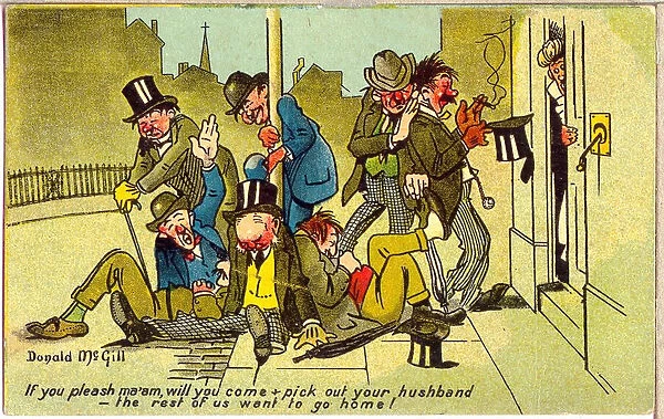 Comic postcard, Drunken men going home Date: 20th century