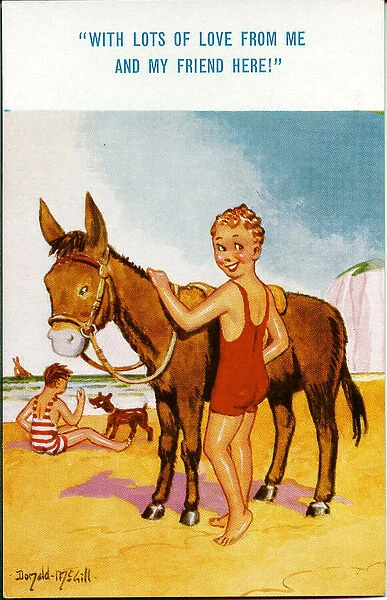 Comic postcard, Little boy with donkey on beach Date: 20th century