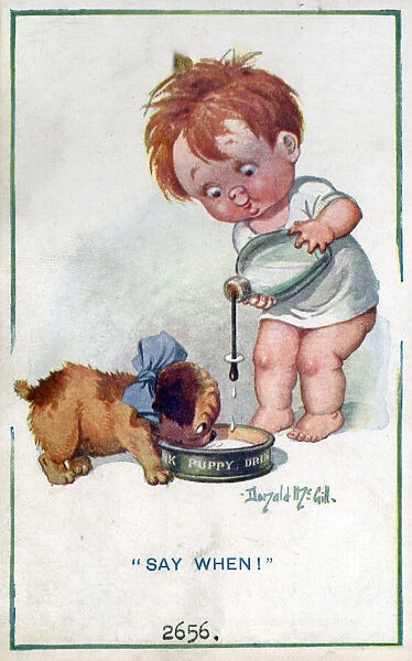 Comic postcard, Little boy giving milk to puppy