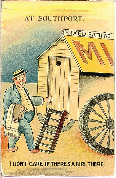Comic postcard, Man approaches bathing hut - mixed bathing Date: 20th century