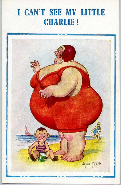 Comic postcard - plump woman on beach - I Can t See My Little Charlie Date