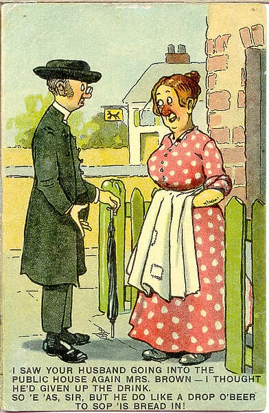 Comic postcard, Vicar and housewife Date: 20th century