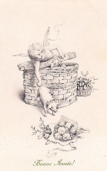 Cupid and piglets on a French New Year postcard
