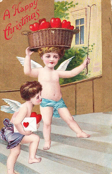 Cupids delivering red hearts on a Christmas postcard