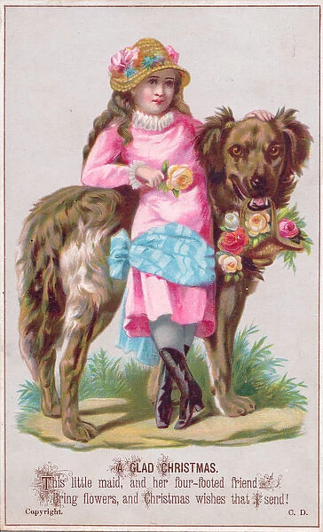Girl and large dog with flowers on a Christmas card