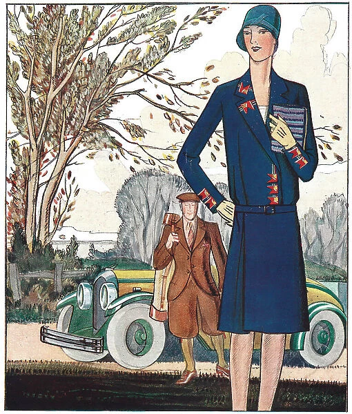 Illustration of a well-dressed couple going golfing Date: 1929