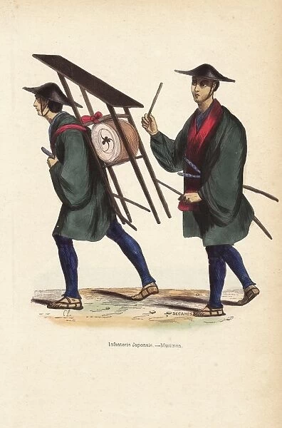 Japanese infantry musicians, one beating a drum (taiko)