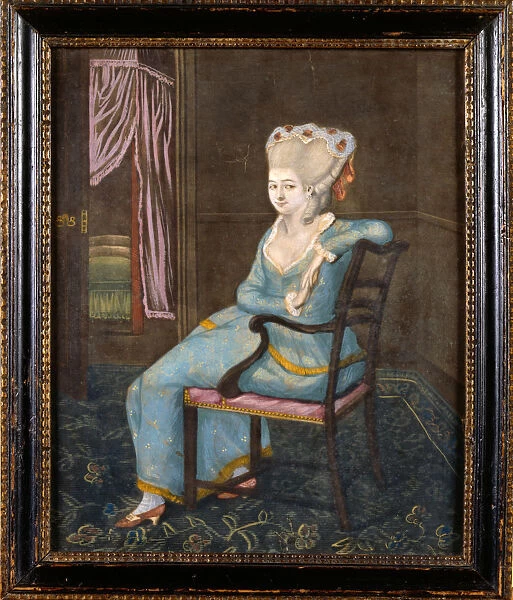 Mezzotint. Hand-coloured mezzotint print depicting a woman seated on an