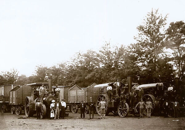 Military steam traction engines with soldiers and others