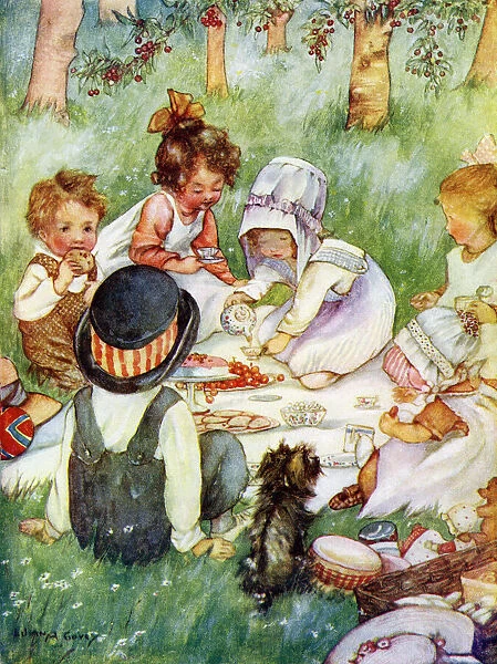 Picnicing - Goup of children with their dolls and pets picnicing in the orchard