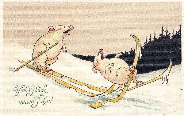 Two pigs skiing on a German New Year postcard