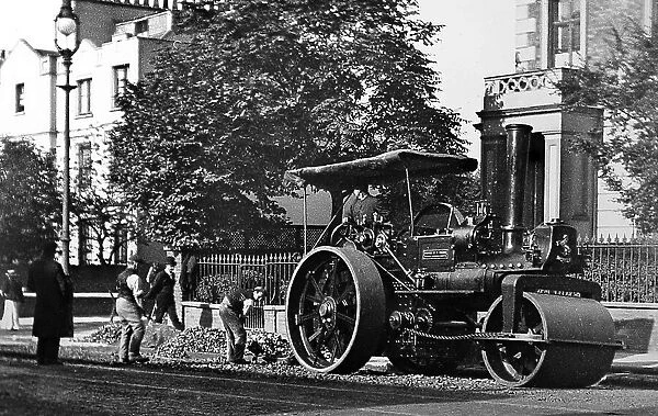 Road repair gang and steam roller - Victorian period