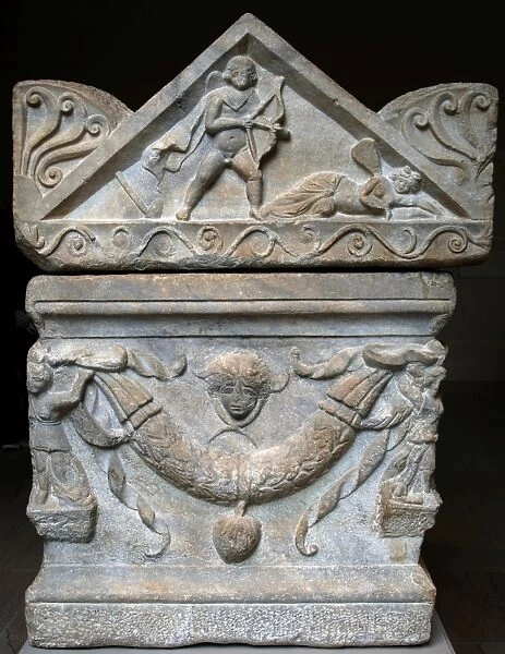 Roman Art. Marble sarcophagus with garlands. Eros awakens Ps