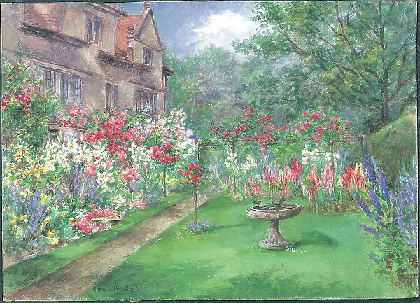 Roses & Lillies'. Garden with lawn, flower borders and house