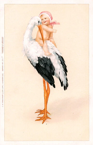 Stork with baby in pink on its back on a greetings postcard