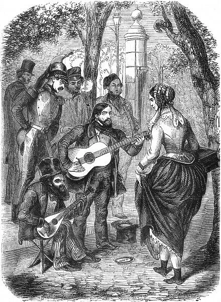 Street music: Gypsies playing guitar, 1855