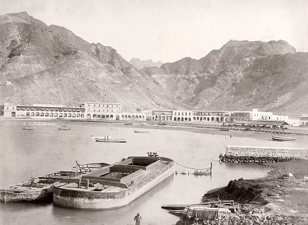View of Aden, Yemen, buildings and a barge