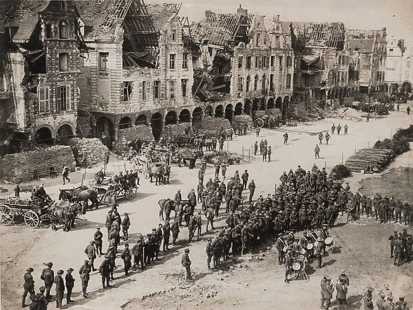 View of an Arras street with ruined buildings, WW1
