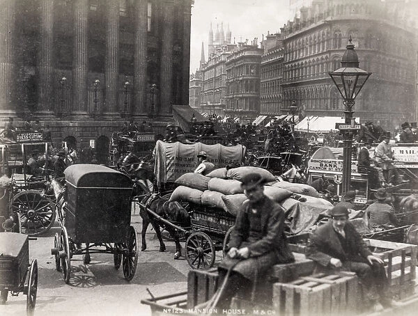 View outside Mansion House London, busy horse drawn traffic