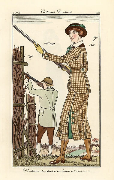 Woman holding a shotgun in a tweed hunting outfit, 1912