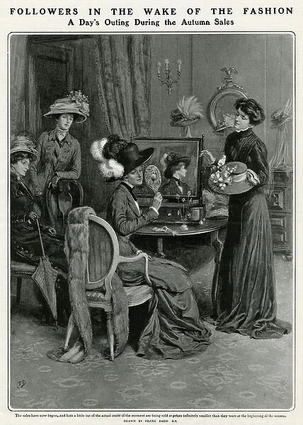 Woman trying on an array of hats in the Autumn sale 1909