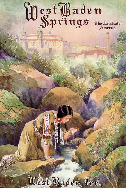 Young Native American woman drinks at a stream