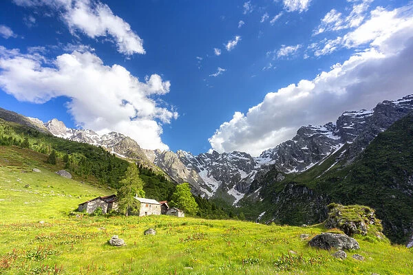 Lonely traditional group of huts in a wild alpine valley, Val d Arigna, Orobie, Valtellina, Lombardy, Italy, Europe