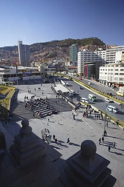 View of Plaza San Francisco from rooftop of San Francisco Church, La Paz, Bolivia, South America