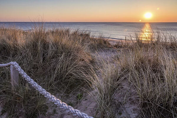 Path on the dunes above the Kampen West Beach at sunset, Sylt, Schleswig-Holstein