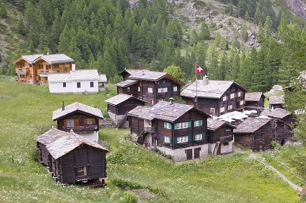 old wooden houses in Blatten above Zermatt Switzerland
