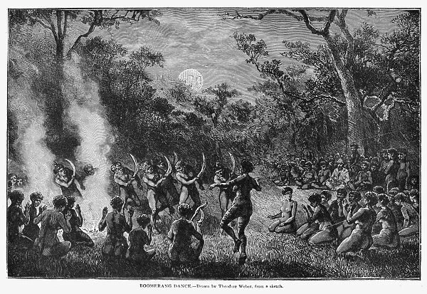 ABORIGINES, 19th CENTURY. Boomerang dance of the Australian aborigine. Line engraving, 19th century