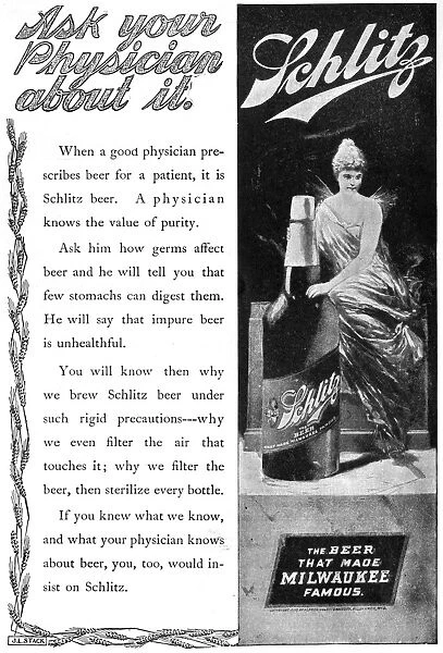 AD: BEER, 1900. Advertisement promoting the health benefit of Schlitz beer, 1900