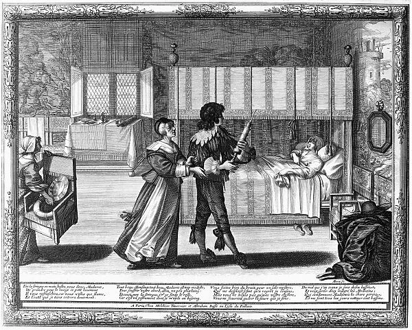 APOTHECARY, 17th CENTURY. An apothecary preparing to administer an enema to a sick patient. Line engraving by Abraham Bosse, 17th century