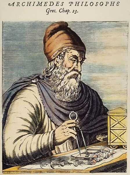 ARCHIMEDES (287?-212 B. C. ). Greek mathematician and inventor. French line engraving, 1584