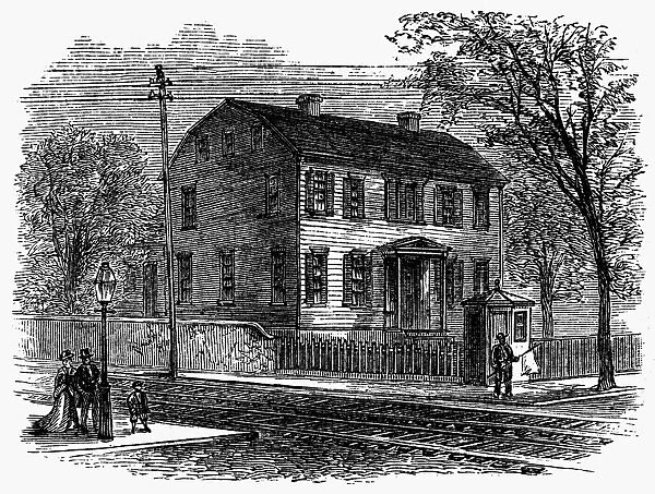 aRON BURR: BIRTHPLACE. The old parsonage at Newark, New Jersey, birthplace of Aaron Burr (1756-1836). Wood engraving, 19th century