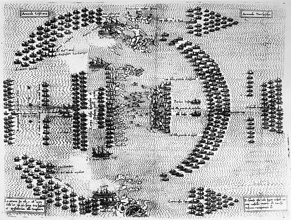 BATTLE OF LEPANTO, 1571. The opening salvo at the Battle of Lepanto, fought, 7 October 1571, off Lepanto, Greece, between the galley fleets of the Holy League and the Ottoman Empire, ending with a Christian victory. Contemporary Venetian engraving