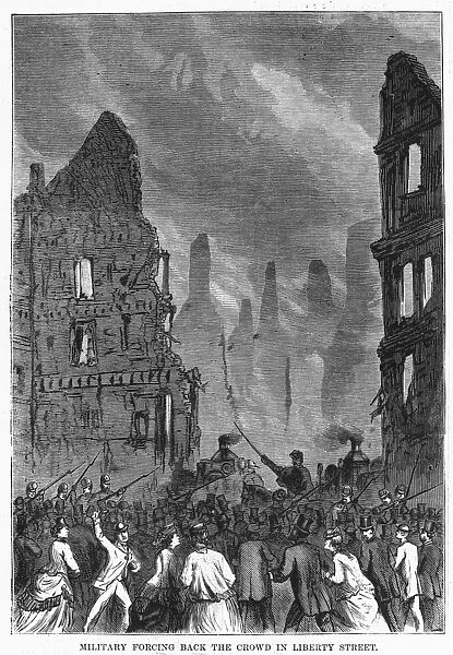 BOSTON FIRE, 1872. The military forcing back the crowds in Liberty Street during the Great Fire of 9-11 November: contemporary newspaper engraving