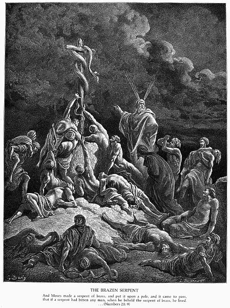 BRAZEN SERPENT. Israelites bitten by fiery serpents are saved when they look upon the brazen image of a serpent, set up on a pole by Moses (Numbers 21: 6-9). Wood engraving, 19th century, after Gustave Dor
