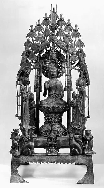 Bronze dedicatory group of Buddha Amitabha surrounded by attendants. Height: 29 1  /  2 in. Chinese, Sui Dynasty, 593 A. D