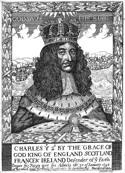 CHARLES II (1630-1685). King of Great Britain and Ireland, 1660-1685. Contemporary engraving commemorating the Restoration of 1660