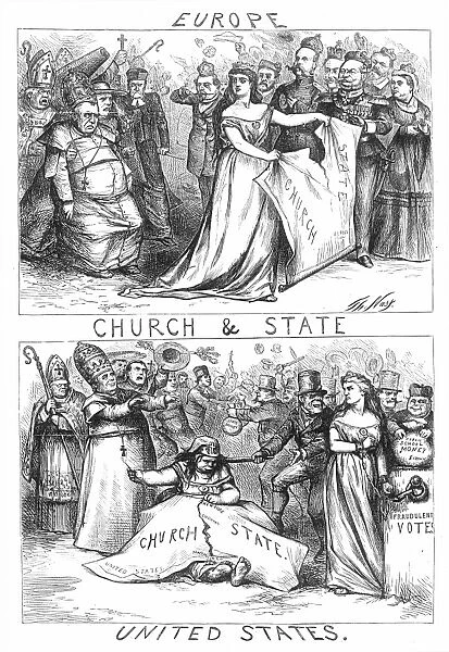 CHURCH  /  STATE CARTOON, 1870. One of Thomas Nasts vitriolic comments on the separation between Church (i. e. the Roman Catholic church) and State: wood engraving, 1870
