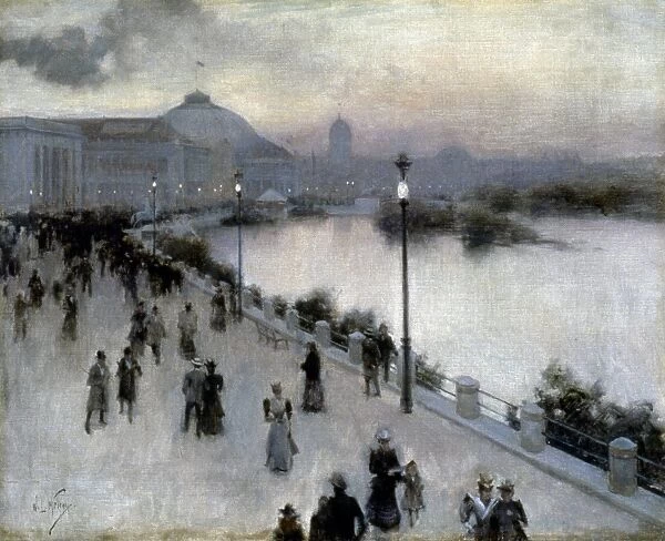 COLUMBIAN EXPO, 1893. Sunset on West Lagoon, Worlds Columbian Exposition, Chicago, 1893. Oil on canvas by Willard Metcalf