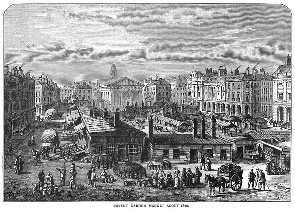 COVENT GARDEN, 1820. Covent Garden Market, London, England, about 1820. Line engraving, 19th century